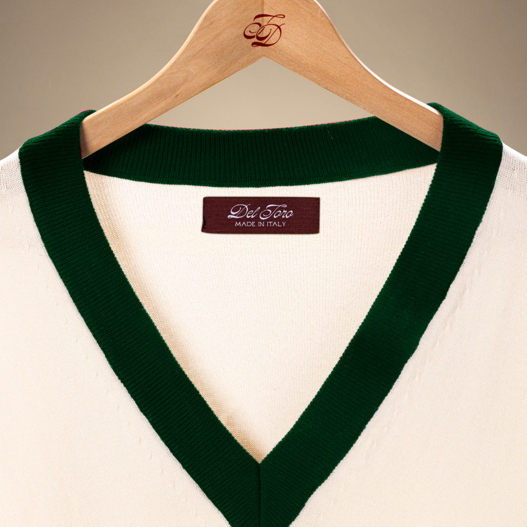 Men's Vintage V-Neck Sweater - Vintage White / Forest Green