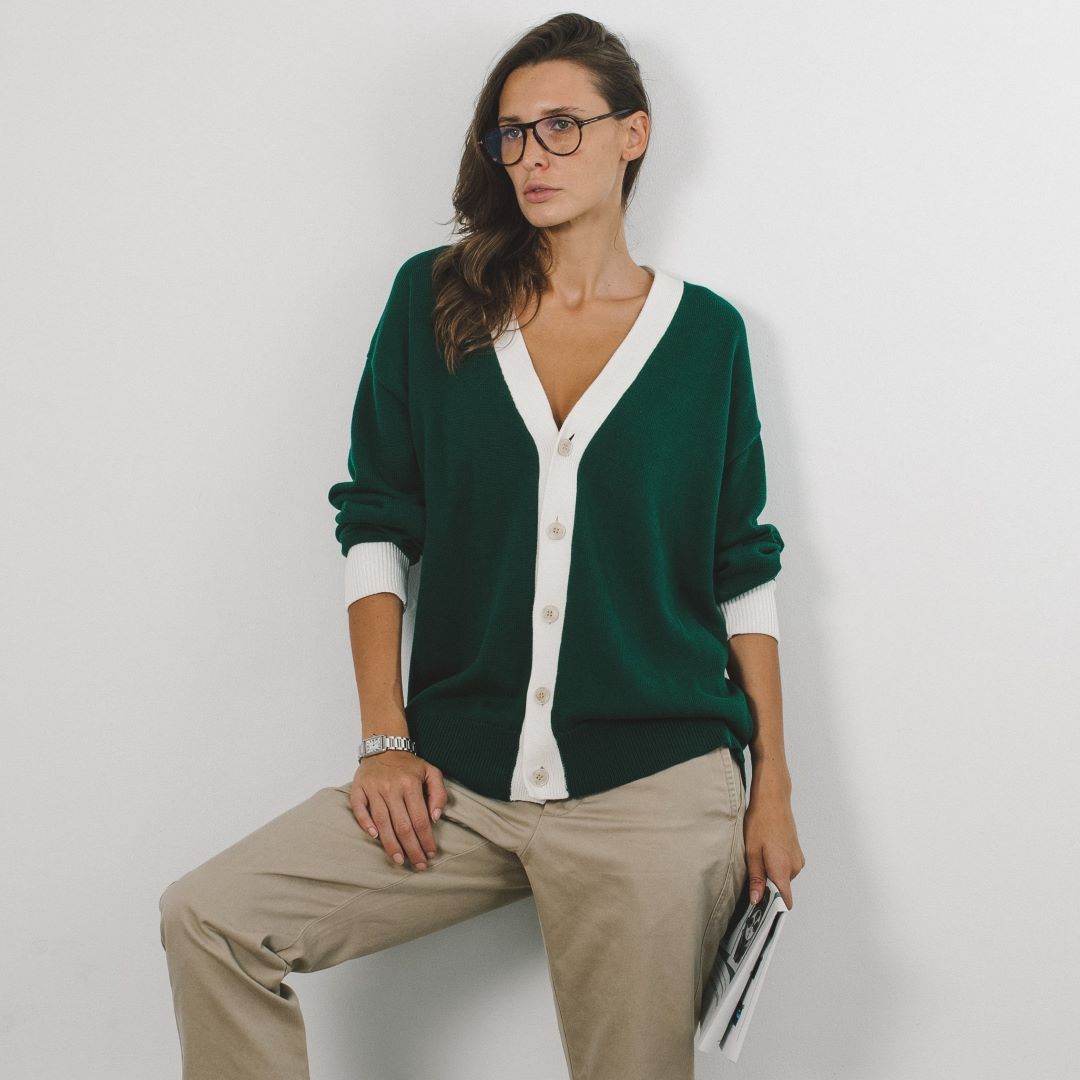 Women's Vintage Fit Cardigan - Fairway Green / Vintage White