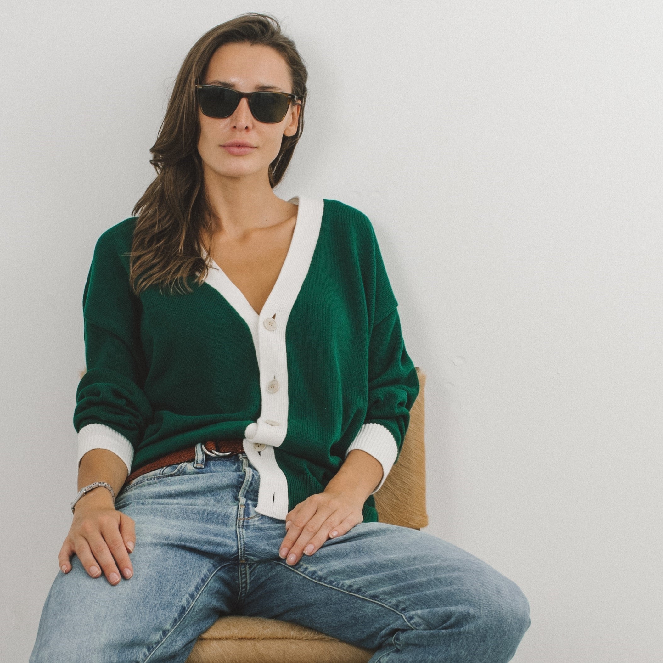 Women's Vintage Fit Cardigan - Fairway Green / Vintage White