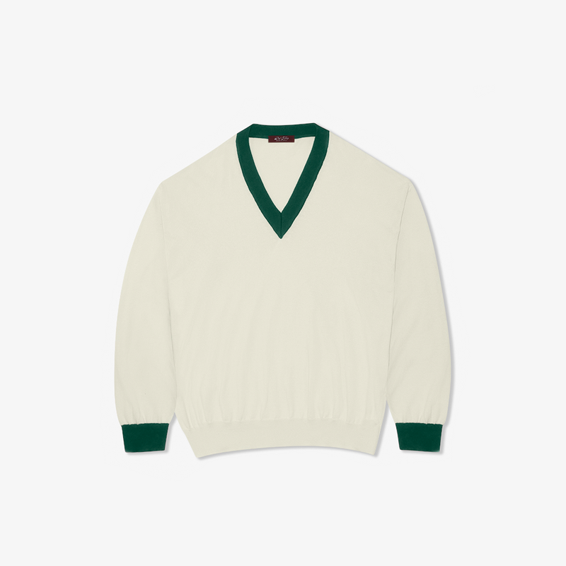 Women's Vintage V-Neck Sweater - Vintage White / Forest Green