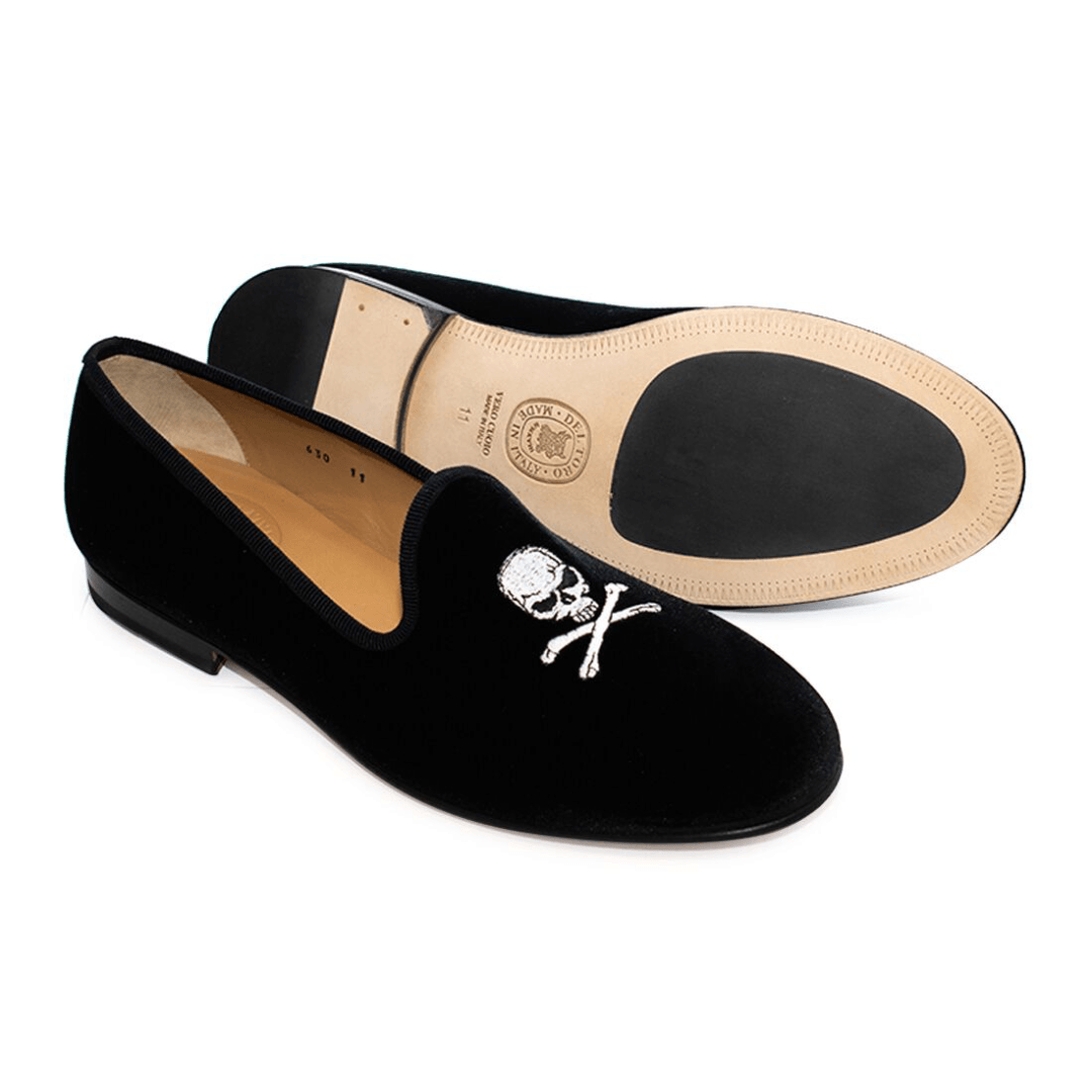 Men's Black Velvet Slipper II with Skull & Bone