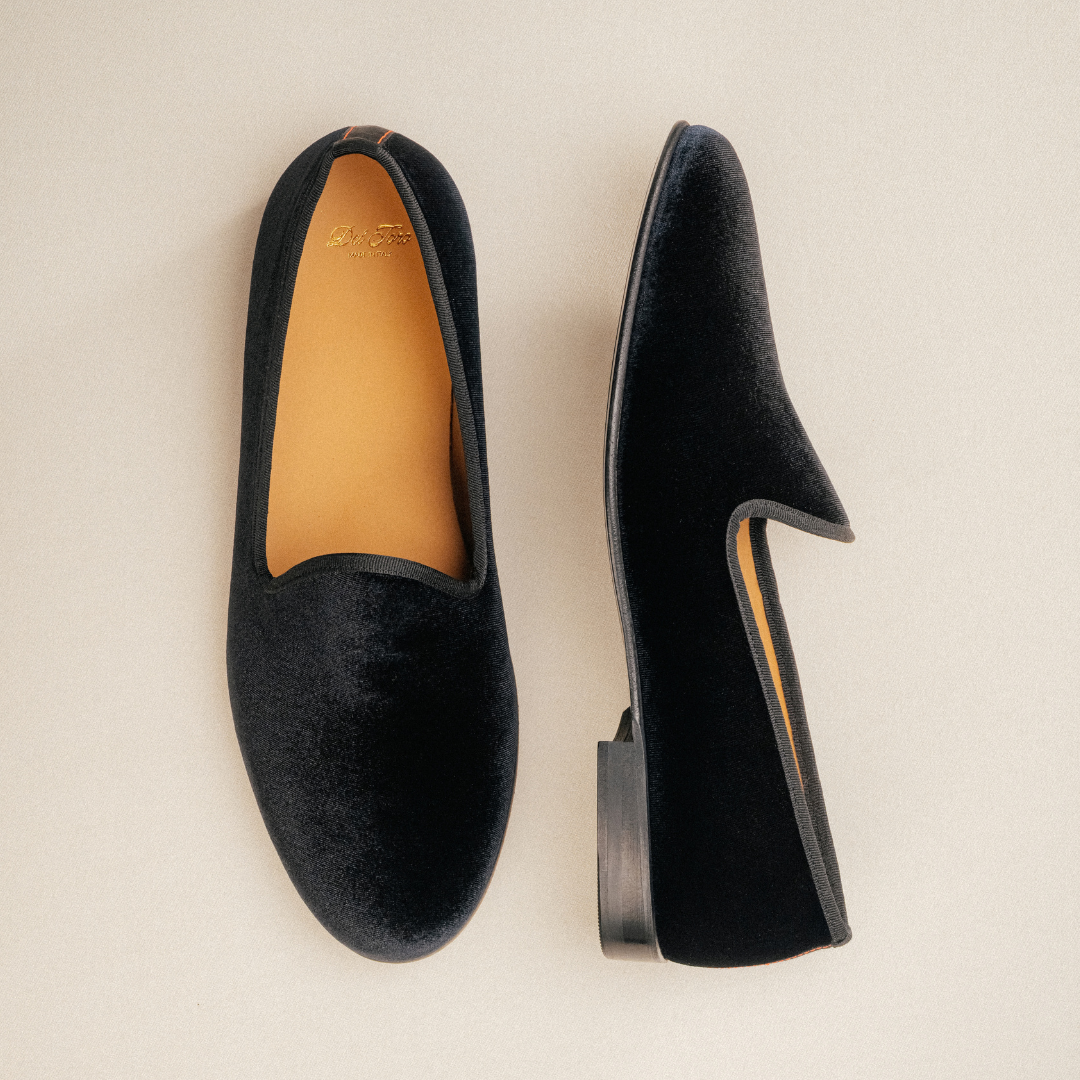 Men's Black Velvet Slipper II With Black Grosgrain Stripe