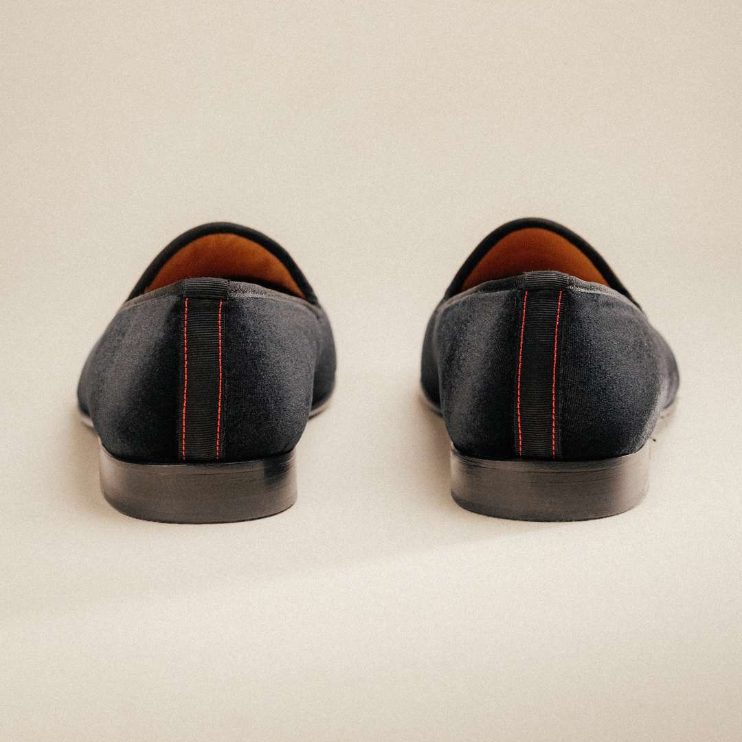 Men's Black Velvet Slipper II With Black Grosgrain Stripe