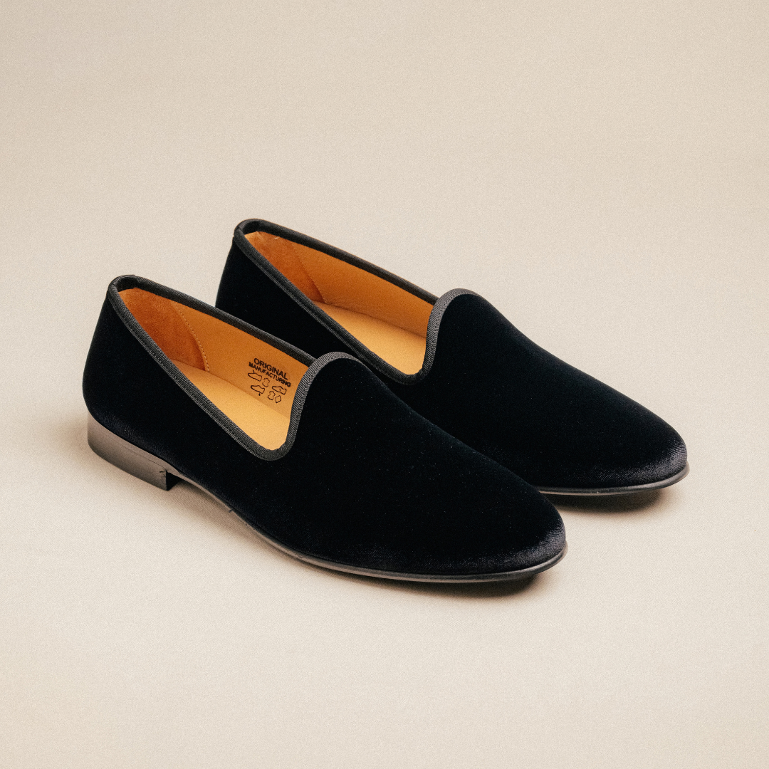 Men's Black Velvet Slipper II With Black Grosgrain Stripe