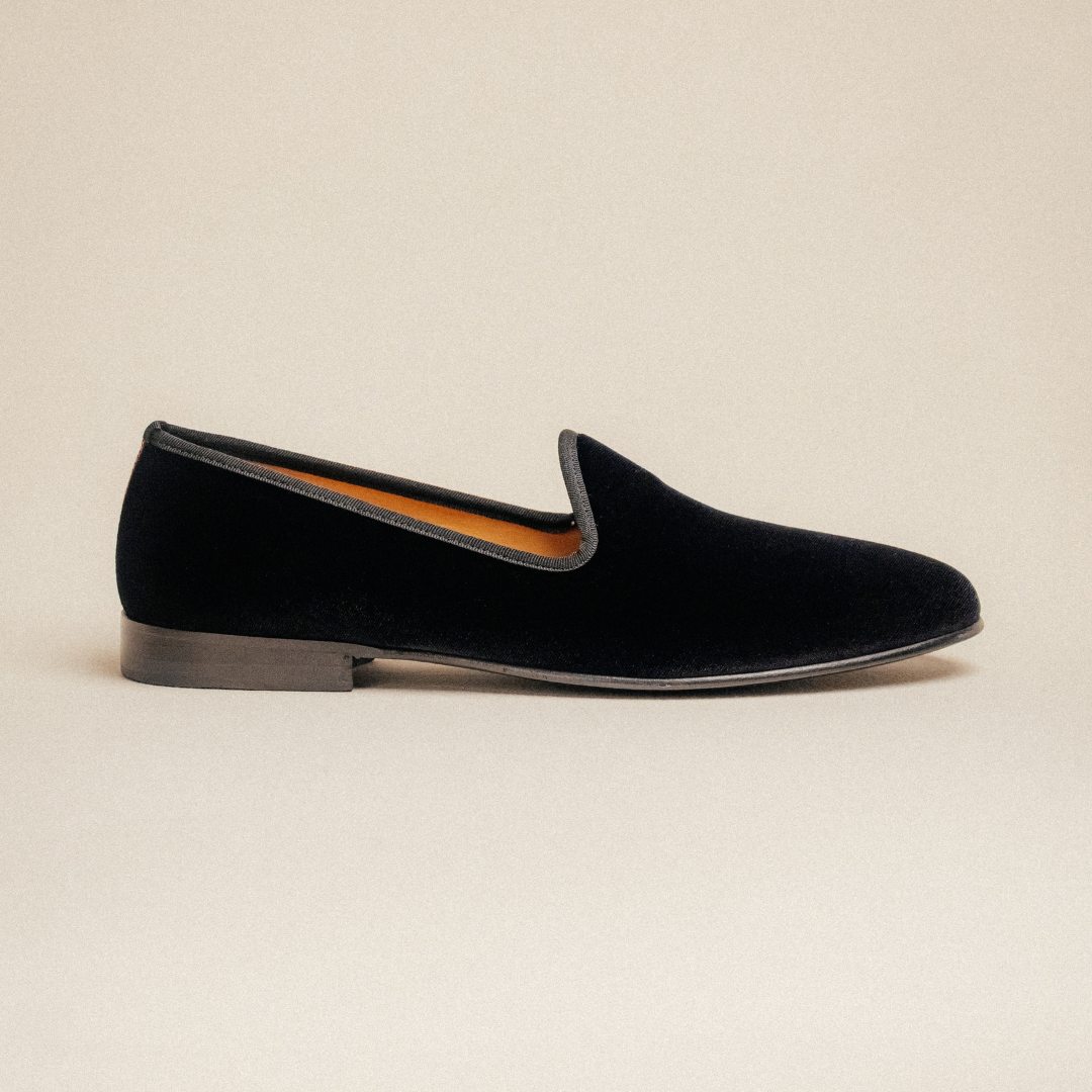 Men's Black Velvet Slipper II With Black Grosgrain Stripe