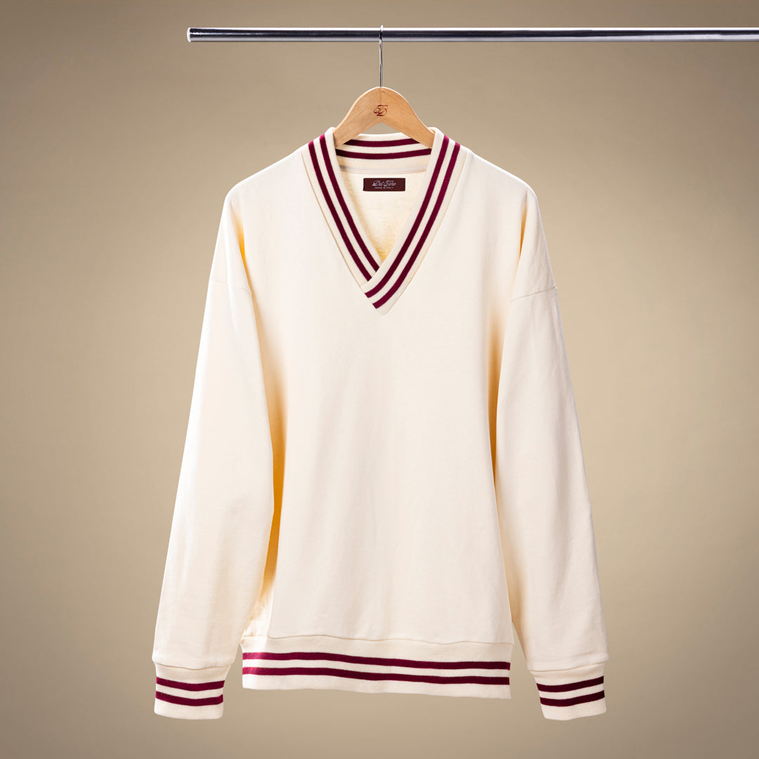 Vintage Club V-Neck Sweatshirt - Panna / Burgundy Trim