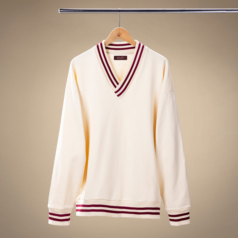 Vintage Club V-Neck Sweatshirt - Panna / Burgundy Trim