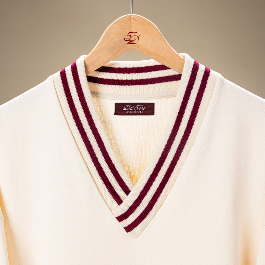 Vintage Club V-Neck Sweatshirt - Panna / Burgundy Trim