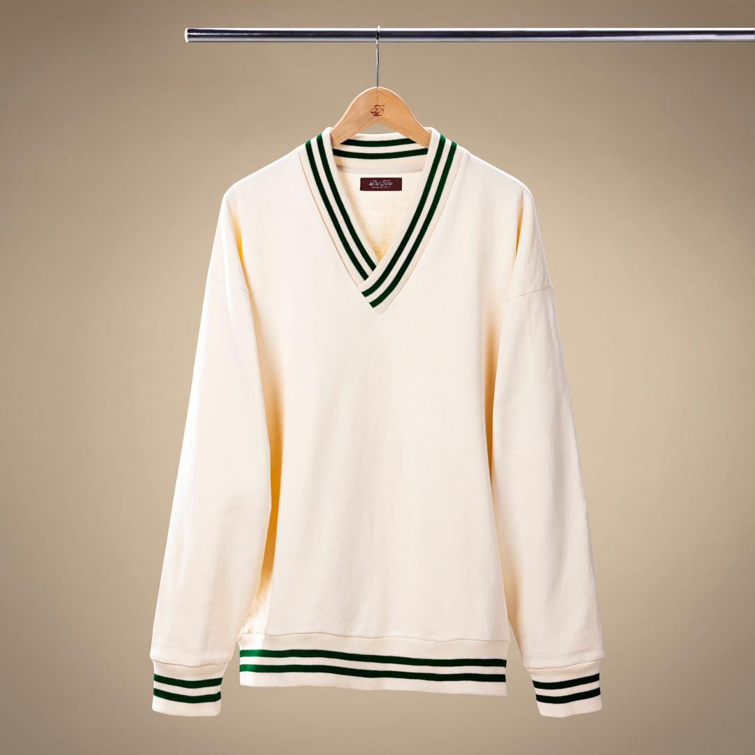 Vintage Club V-Neck Sweatshirt - Panna / Forest Trim