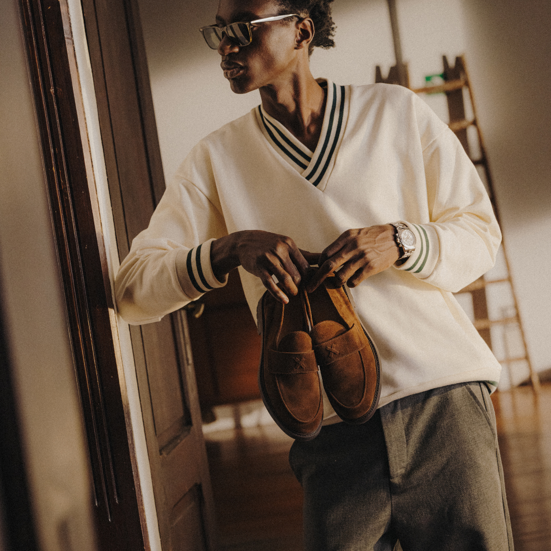 Vintage Club V-Neck Sweatshirt - Panna / Forest Trim