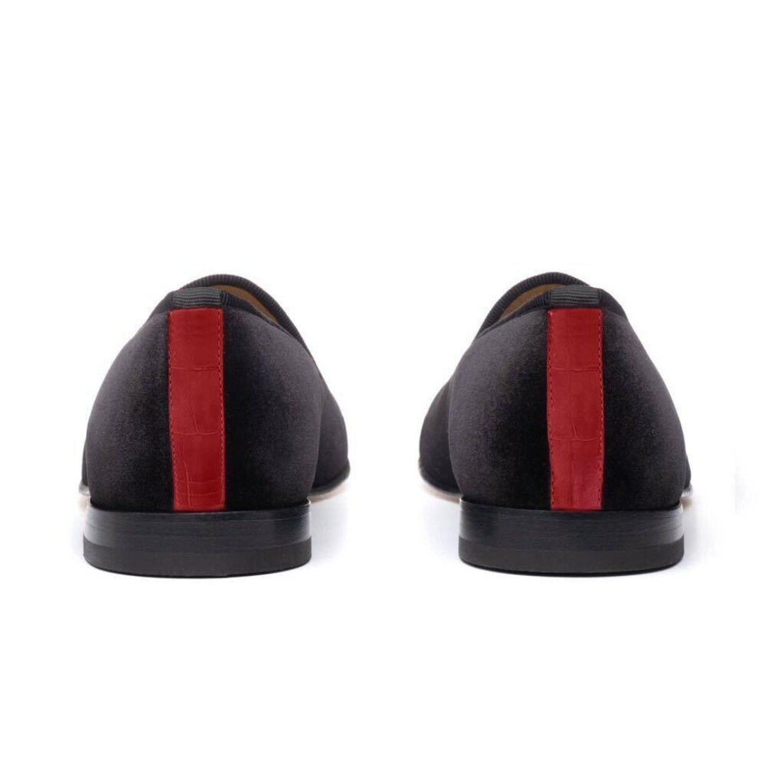 Men's Black Velvet Slipper II With Red Croc Effect Leather Stripe - 2nd