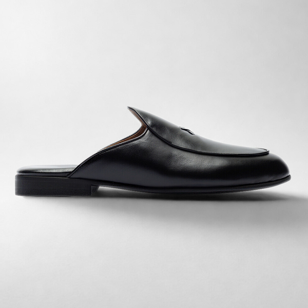 black leather backless mules