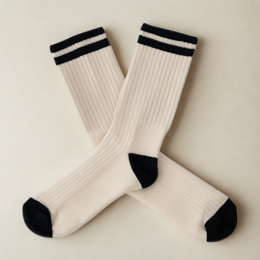 Retro Gym Sock - Vintage White / Black Stripes