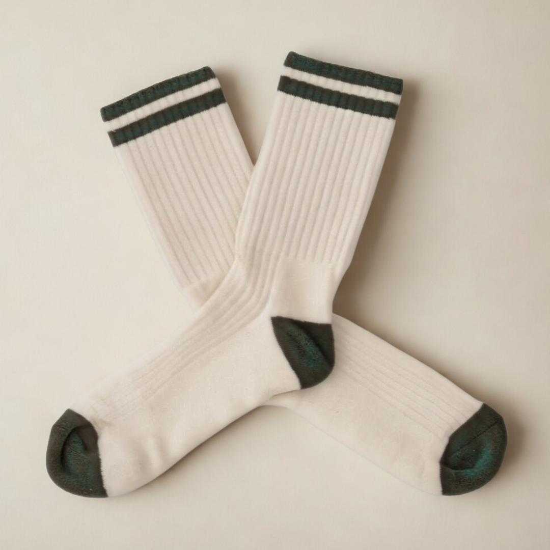 Retro Gym Sock - Vintage White / Forest Stripes