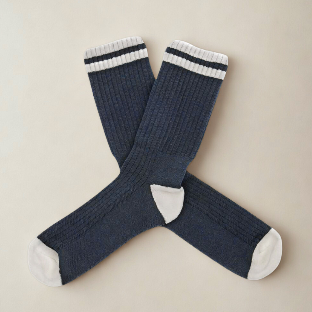 Retro Gym Sock - Navy / Vintage White Stripes