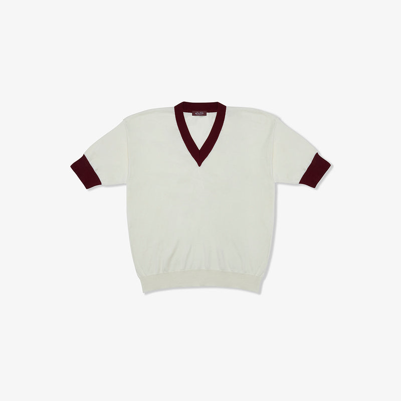 Men's Vintage Short Sleeve V-Neck Sweater - Vintage White / Burgundy