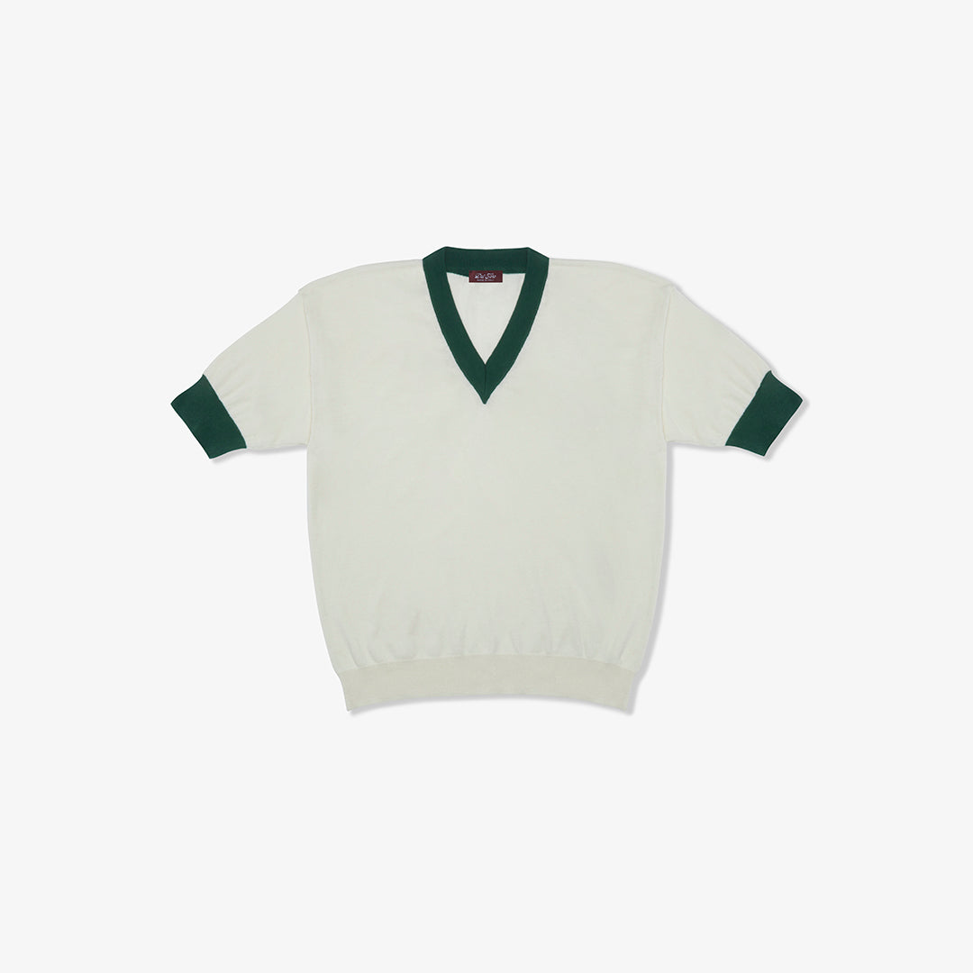 Men's Vintage Short Sleeve V-Neck Sweater - Vintage White / Forest Green