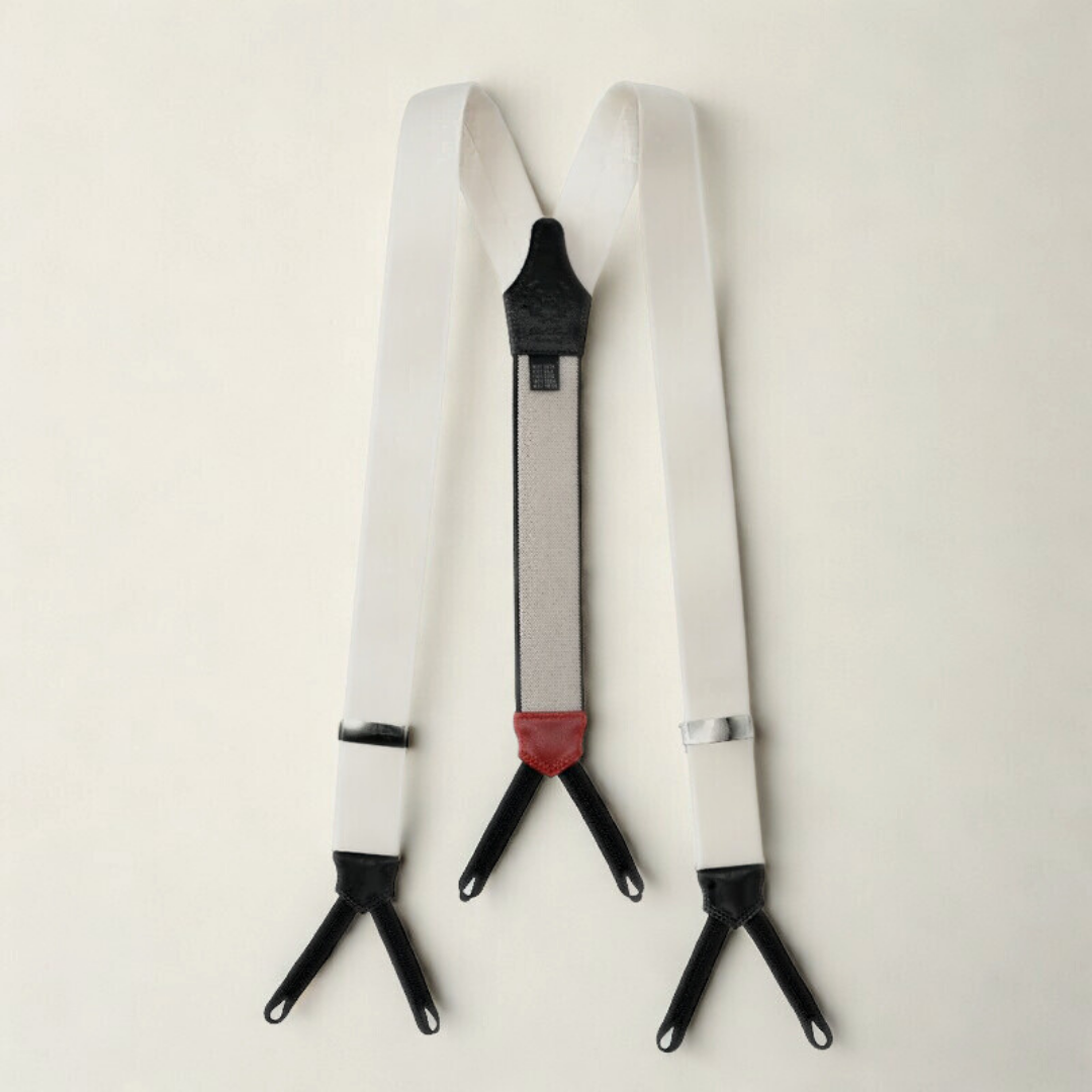 White Silk and Leather Suspenders