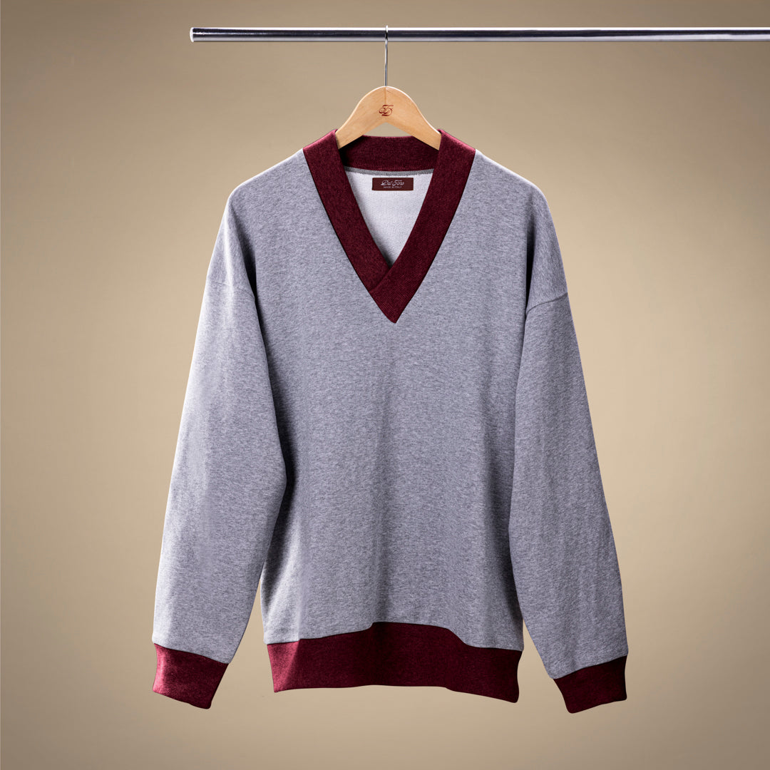 Vintage V-Neck Sweatshirt - Heather Grey / Burgundy Trim
