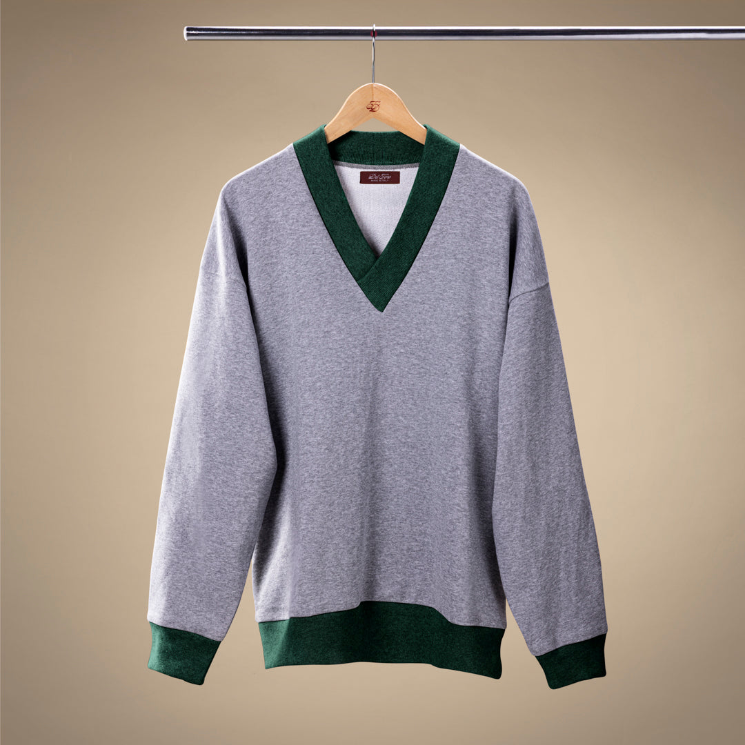 Vintage V-Neck Sweatshirt - Heather Grey / Forest Trim
