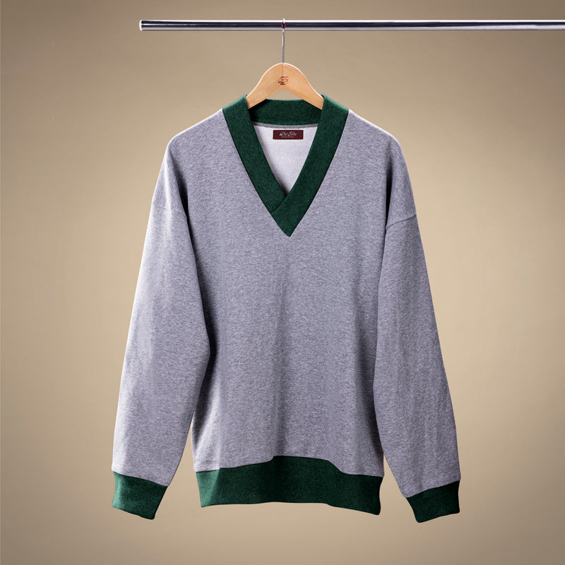 Vintage V-Neck Sweatshirt - Heather Grey / Forest Trim