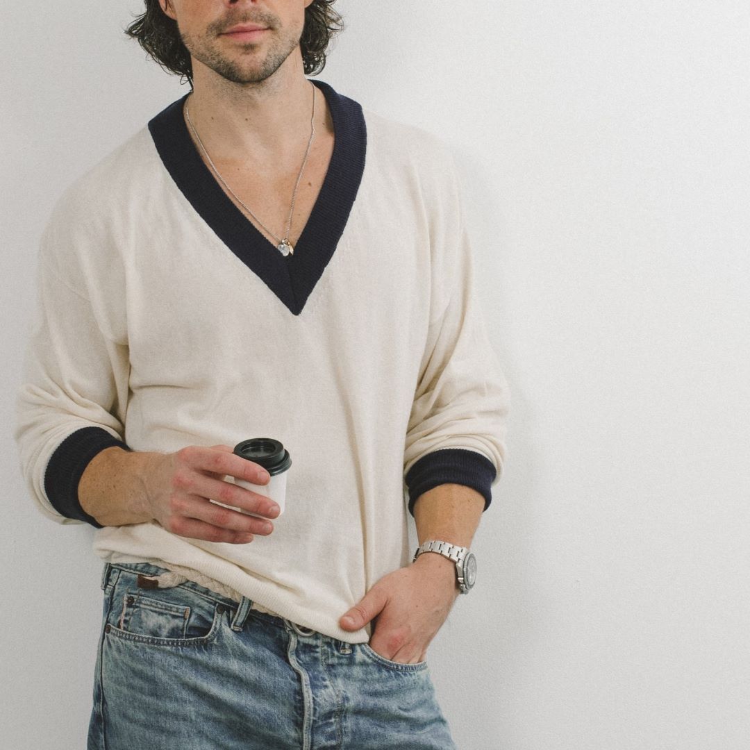 Vintage V-Neck Sweater - Vintage White / Navy