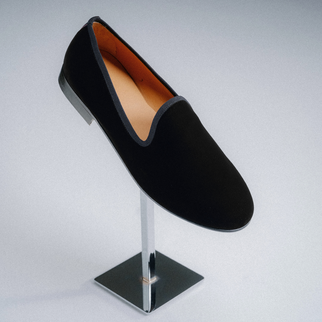 Men's Black Velvet Slipper II With Black Grosgrain Stripe