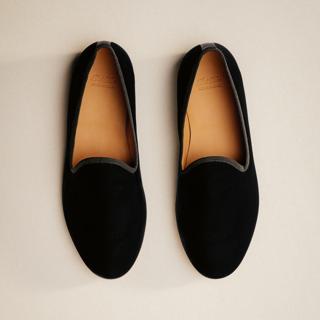 Men's Black Velvet Slipper II With Black Grosgrain Stripe