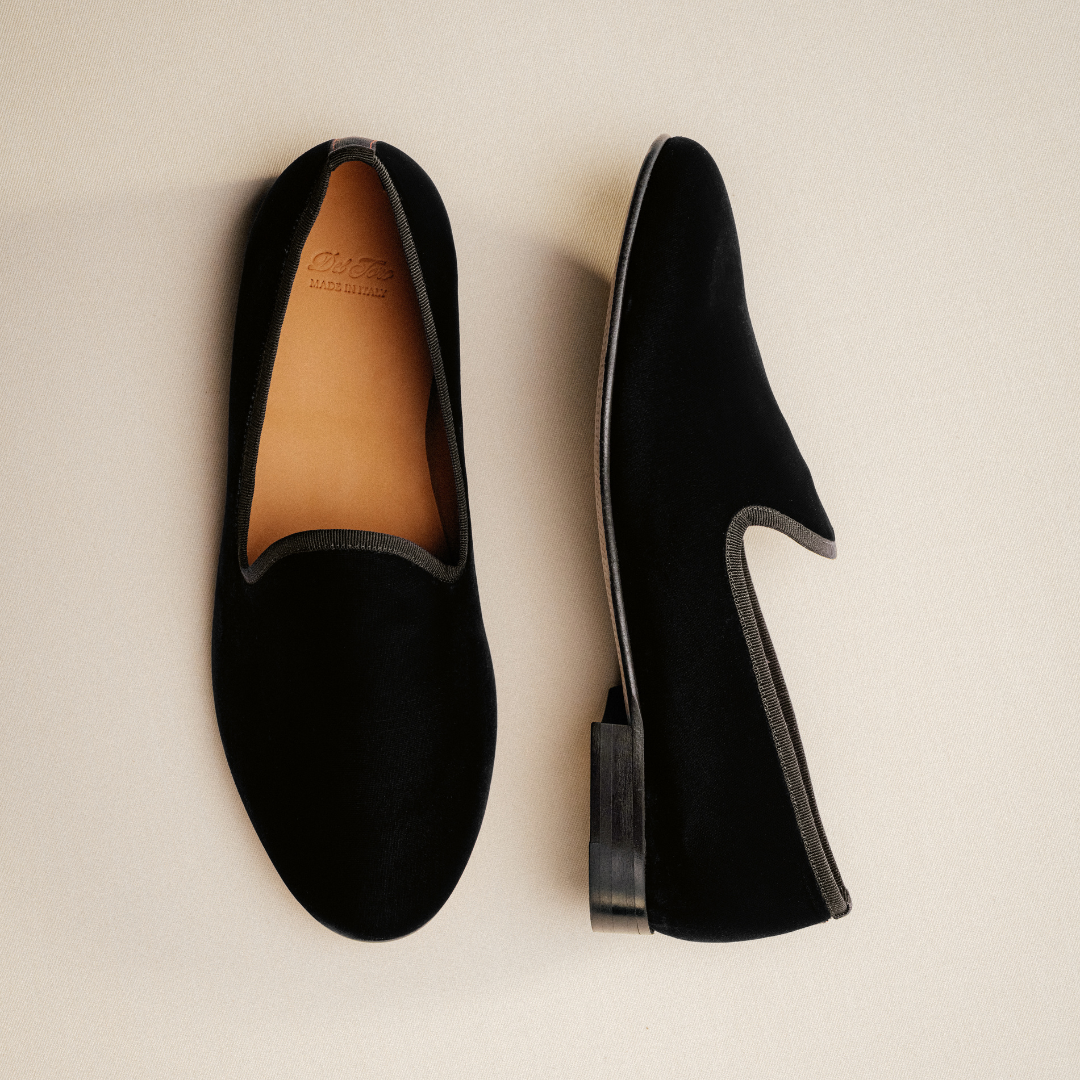Men's Black Velvet Slipper II With Black Grosgrain Stripe