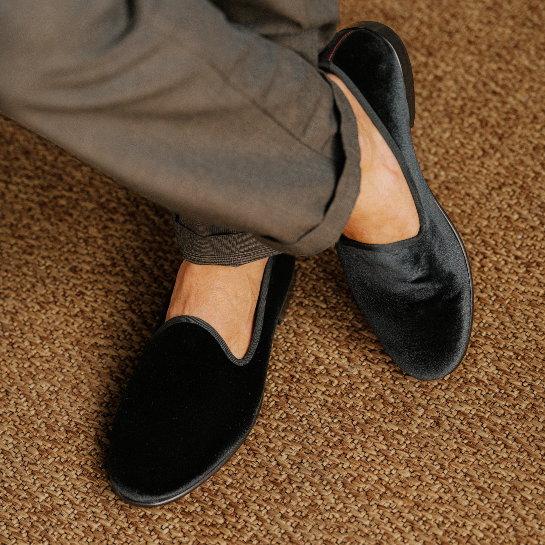 Men's Black Velvet Slipper II With Black Grosgrain Stripe