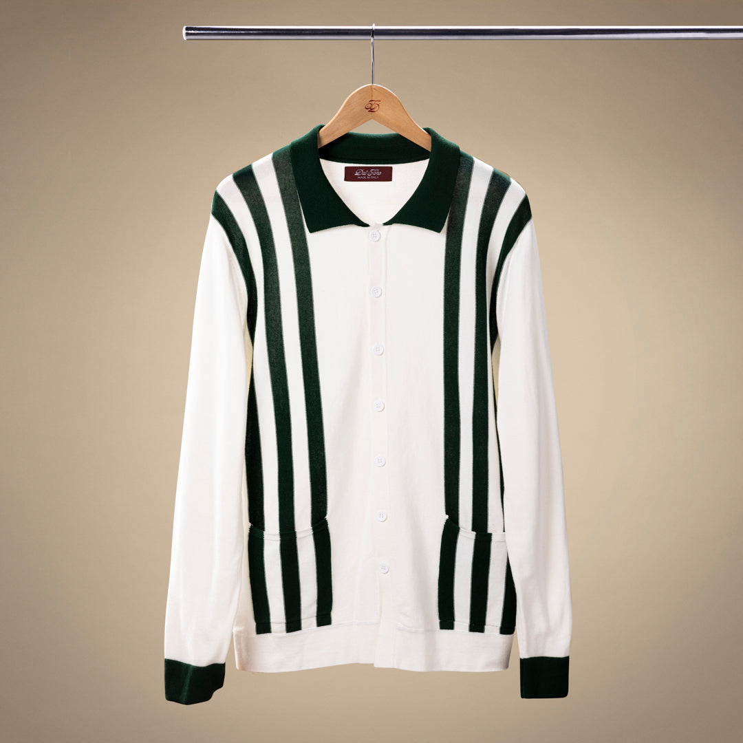 Men's Vintage Stripe Polo Cardigan - Vintage White / Forest Stripe