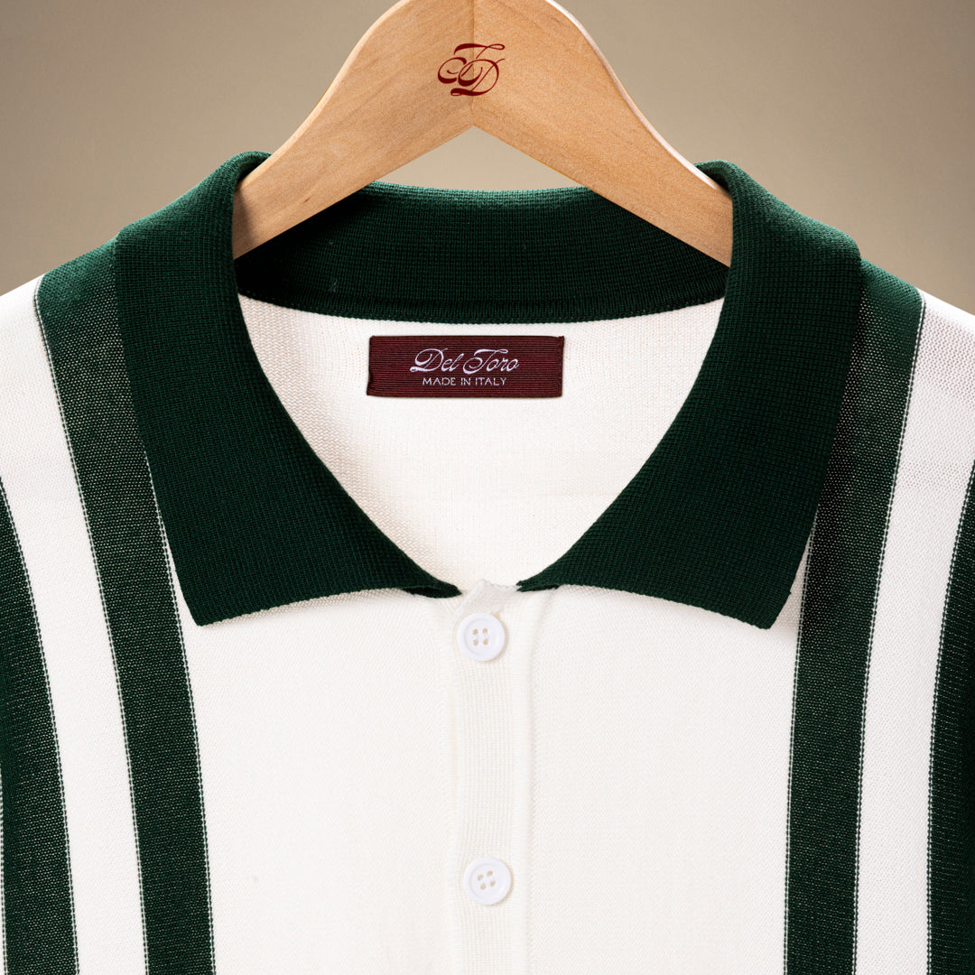 Men's Vintage Stripe Polo Cardigan - Vintage White / Forest Stripe
