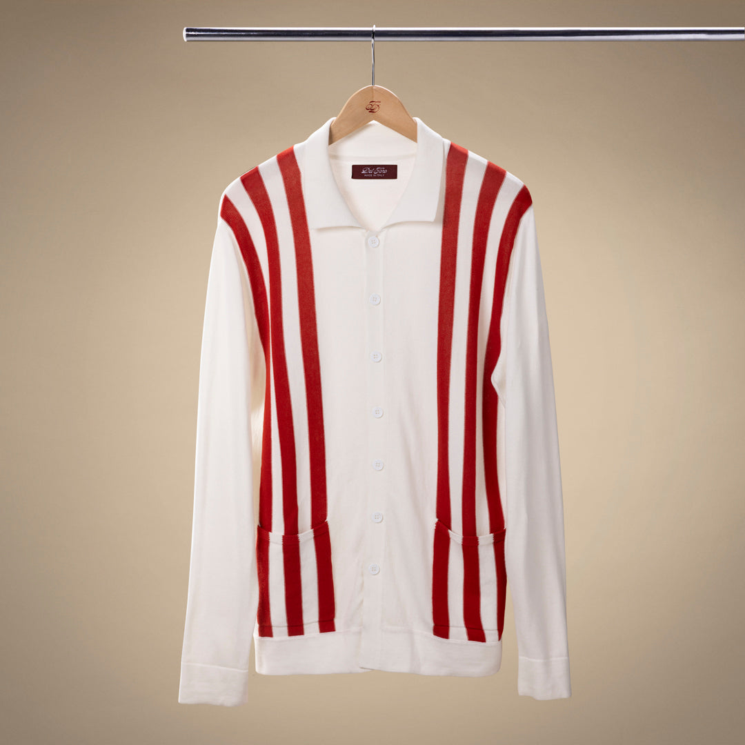 Men's Vintage Stripe Polo Cardigan - Vintage White / Red Stripe