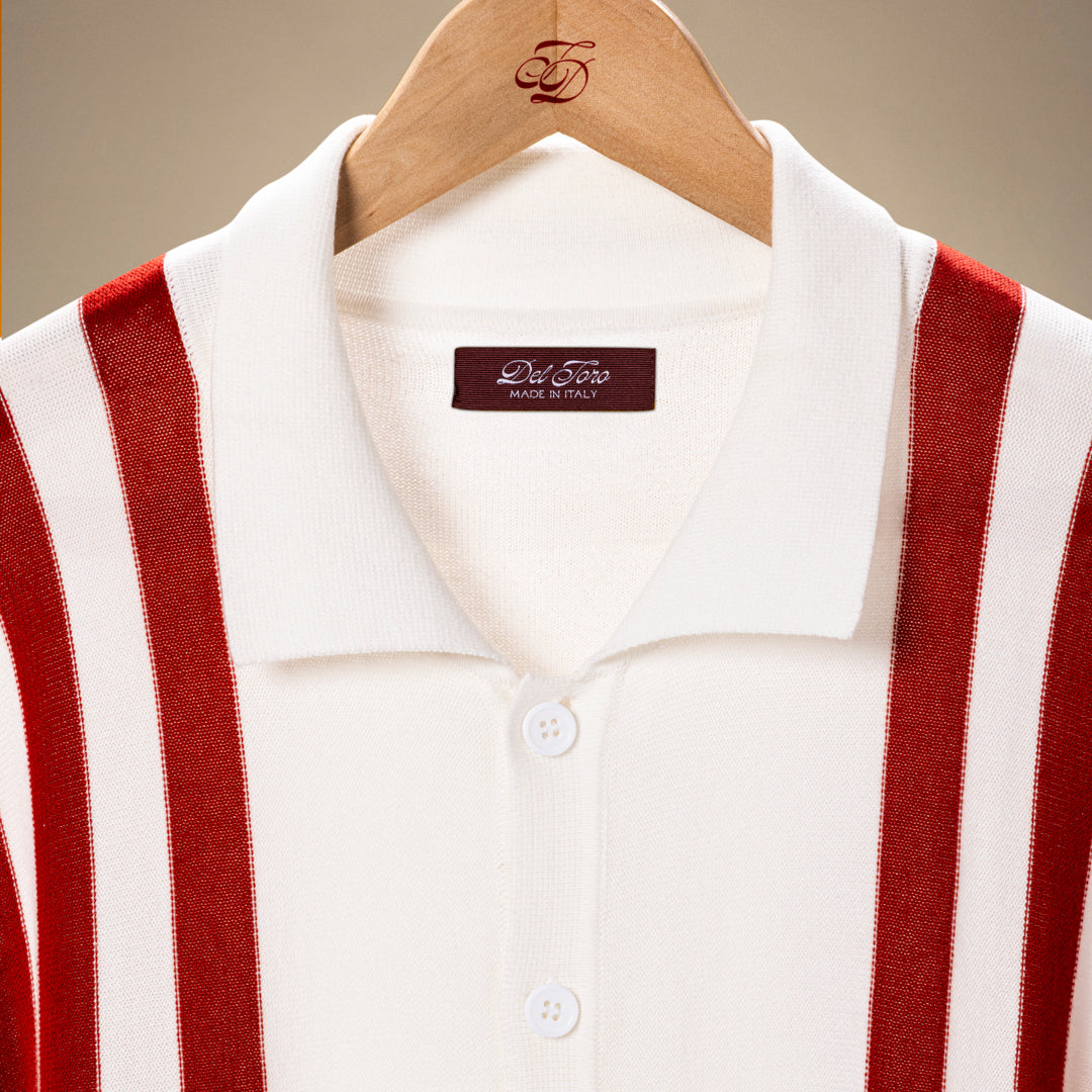Men's Vintage Stripe Polo Cardigan - Vintage White / Red Stripe