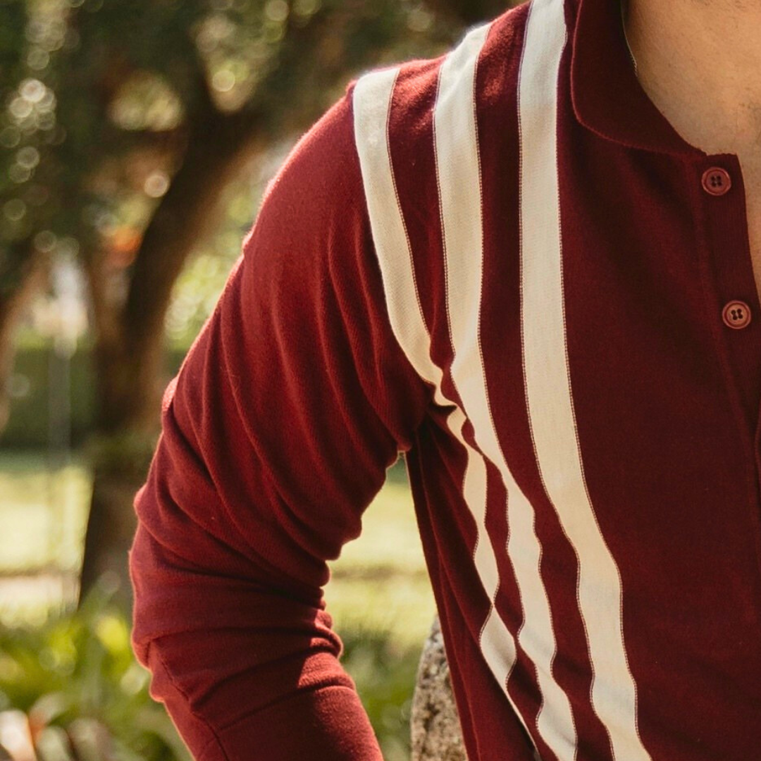 Men's Vintage Stripe Polo Cardigan - Burgundy / Cream Stripe