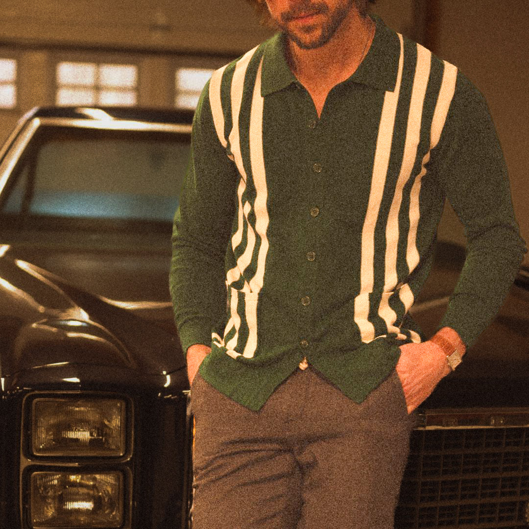 Men's Vintage Stripe Polo Cardigan - Green/ Cream Stripe