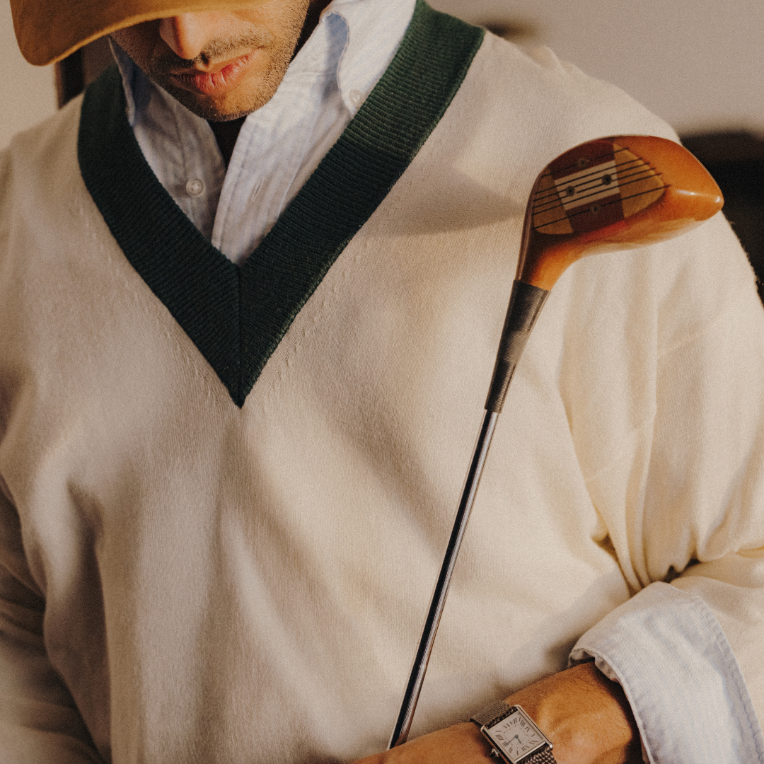 Men's Vintage V-Neck Sweater - Vintage White / Forest Green