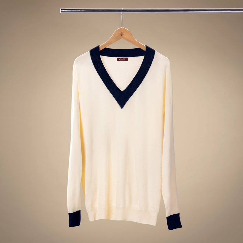 Men's Vintage V-Neck Sweater - Vintage White / Navy