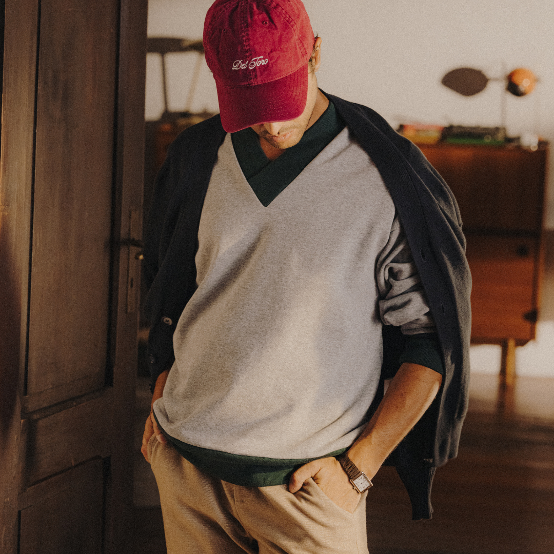 Vintage V-Neck Sweatshirt - Heather Grey / Forest Trim