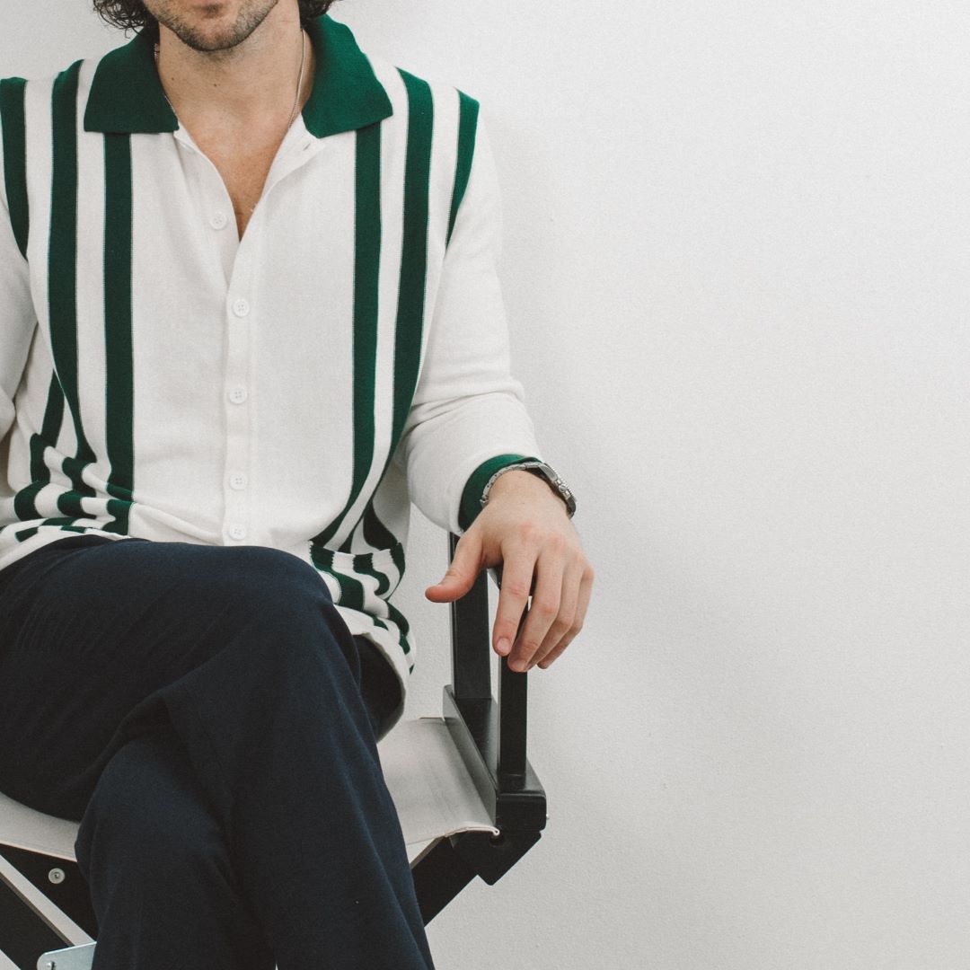 Vintage Stripe Polo Cardigan - Vintage White / Forest Stripe