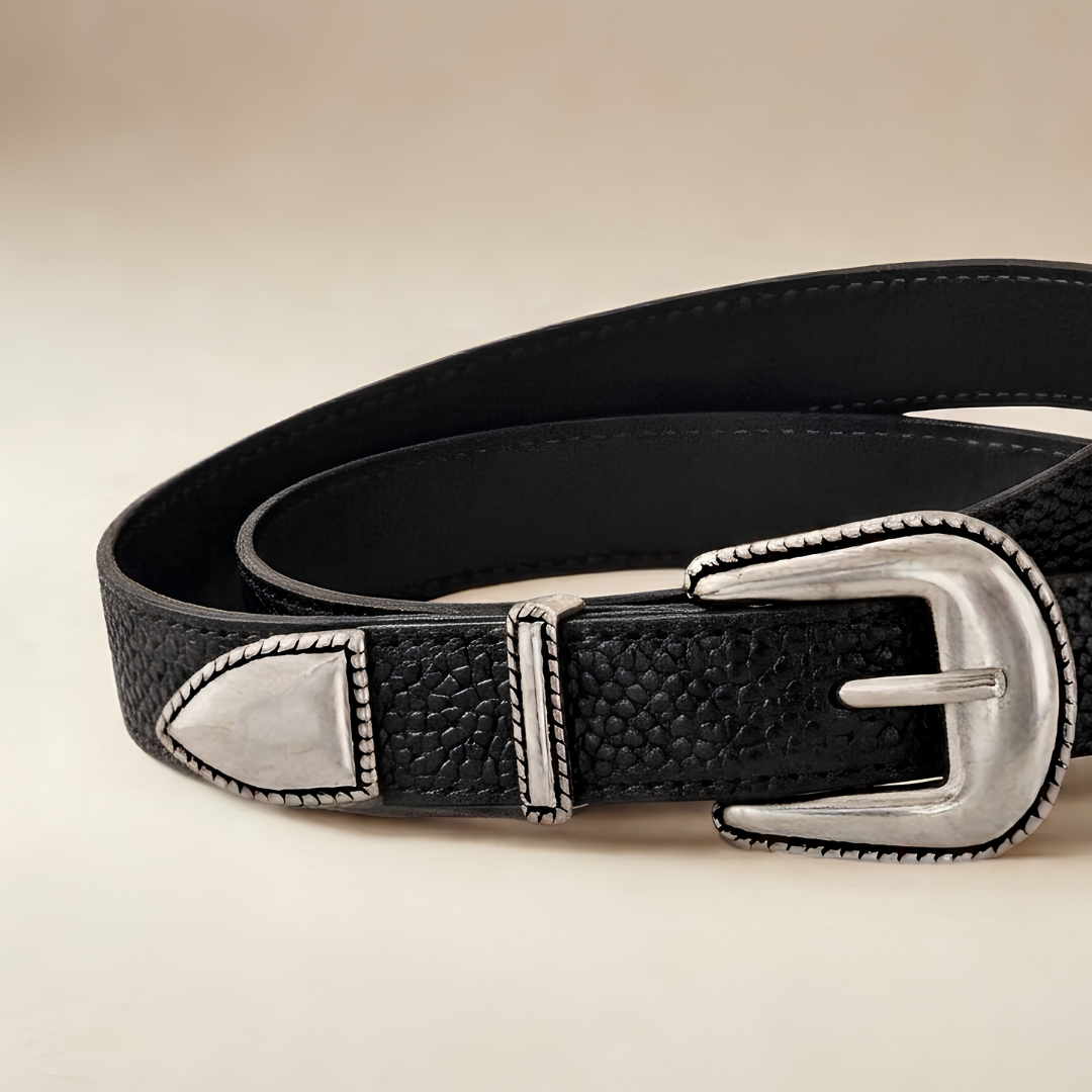 Western Belt - Black Pebbled Leather