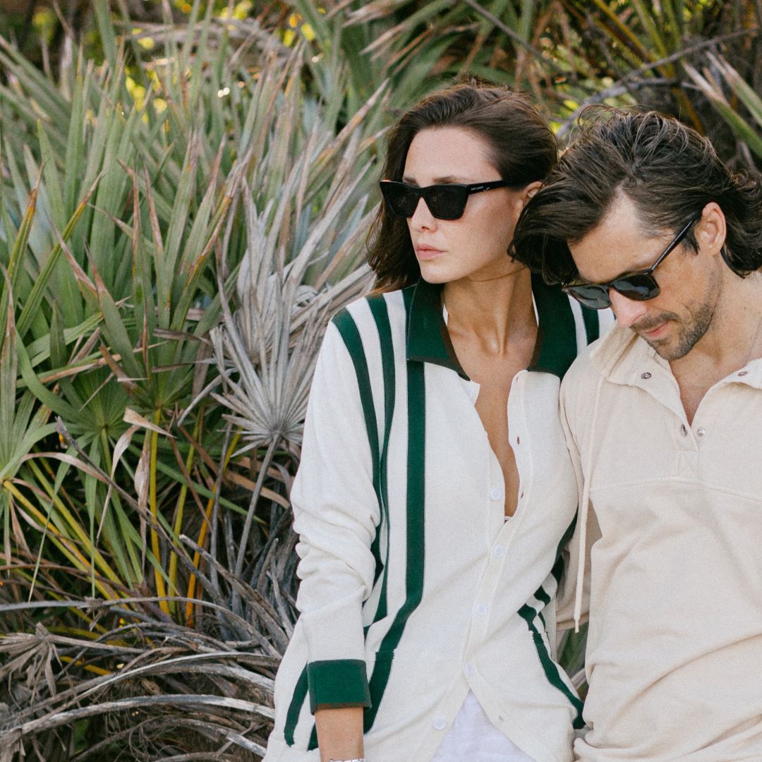 Women's Vintage Stripe Polo Cardigan - Vintage White / Forest Stripe