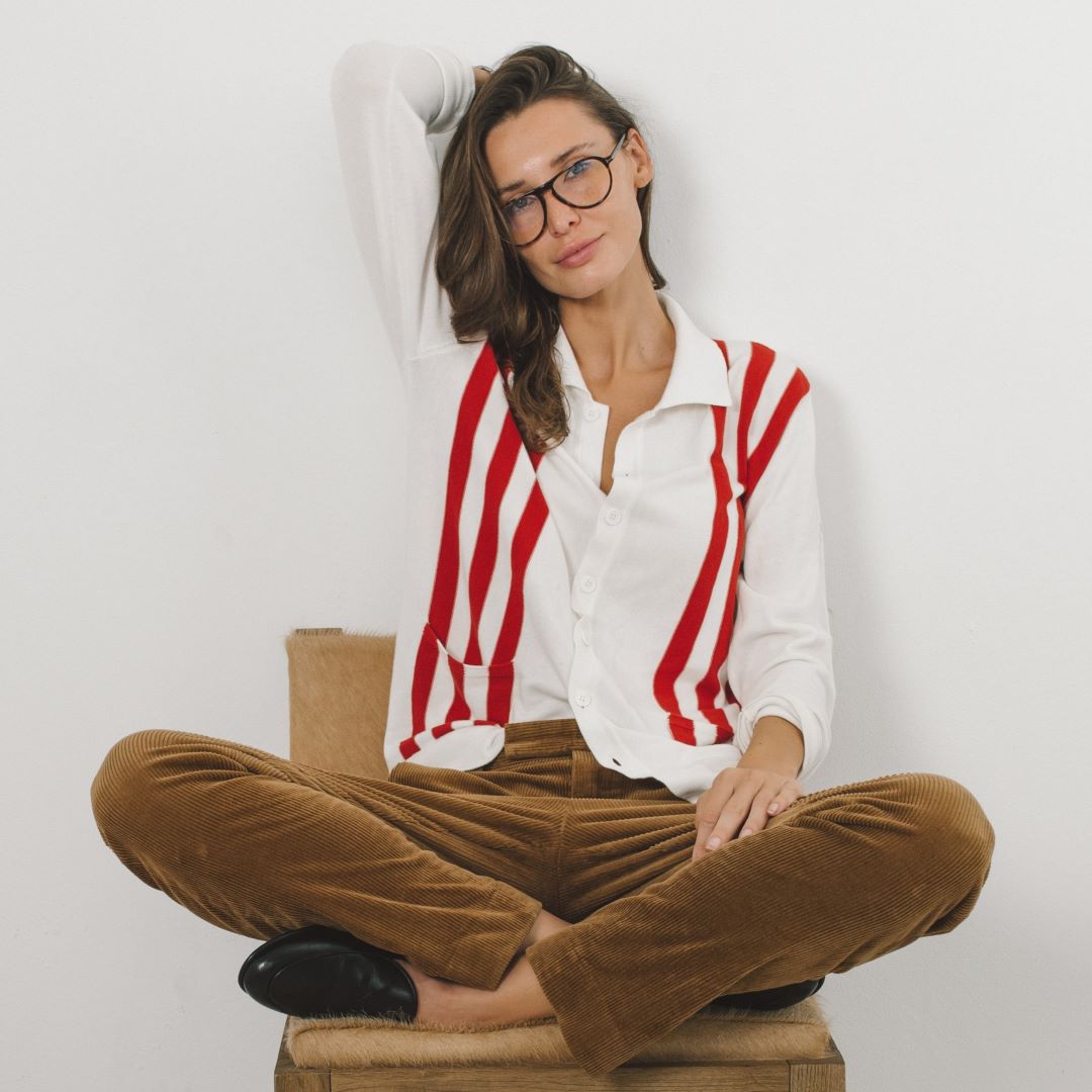 Women's Vintage Stripe Polo Cardigan - Vintage White / Red Stripe