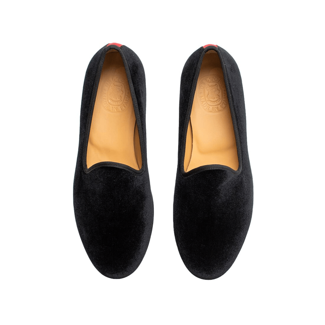 Men's Black Velvet Slipper II With Red Croc Effect Leather Stripe - 2nd