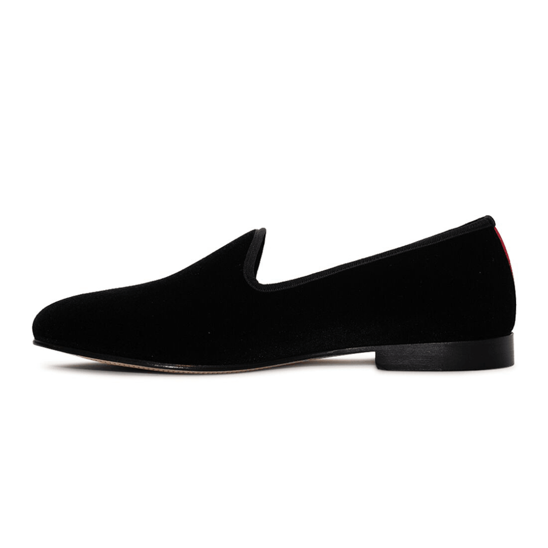 Men's Black Velvet Slipper II With Red Croc Effect Leather Stripe - 2nd