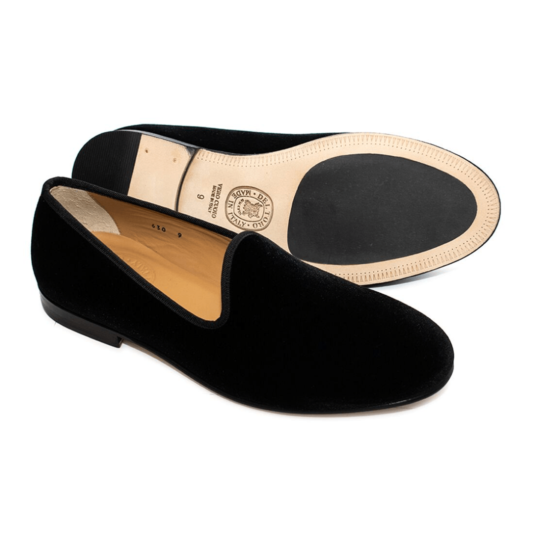 Men's Black Velvet Slipper II With Red Croc Effect Leather Stripe - 2nd
