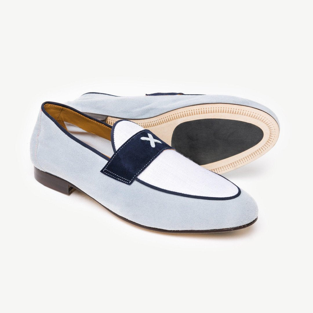 Men's Two Tone Light Blue Suede & White Linen Centesimo