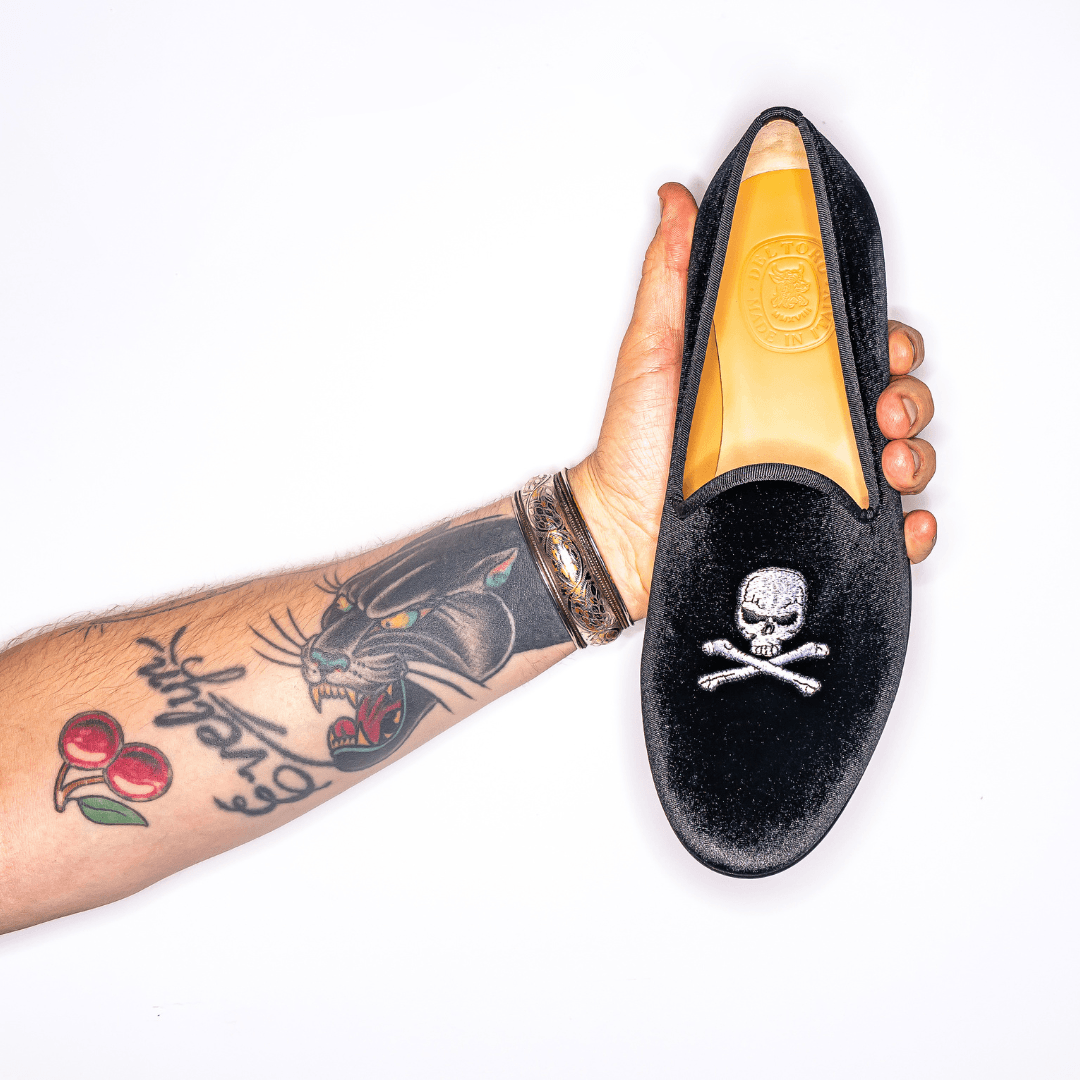 Men's Black Velvet Slipper II with Skull & Bone