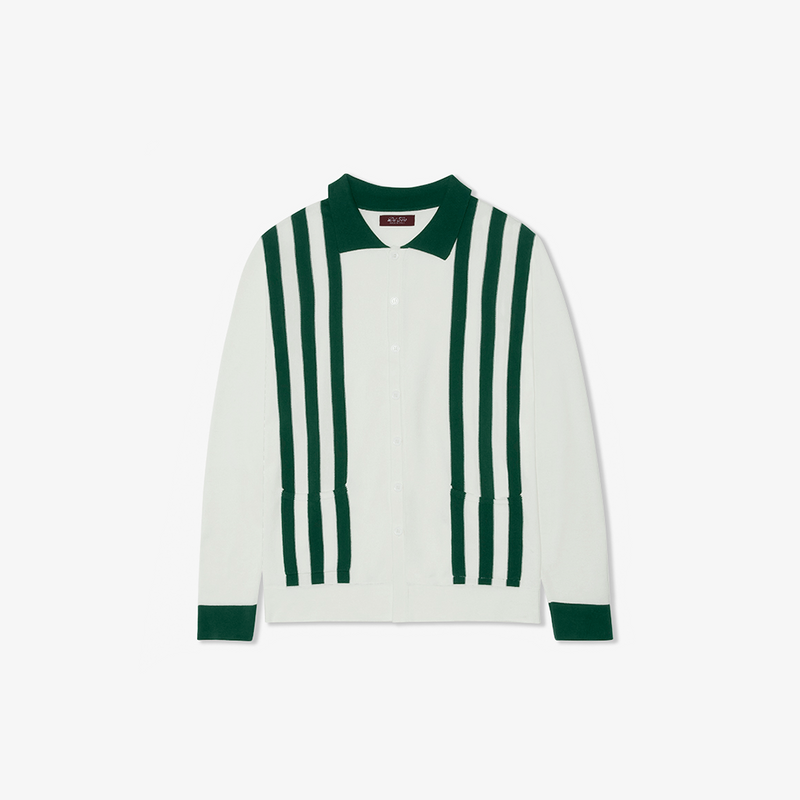Women's Vintage Stripe Polo Cardigan - Vintage White / Forest Stripe