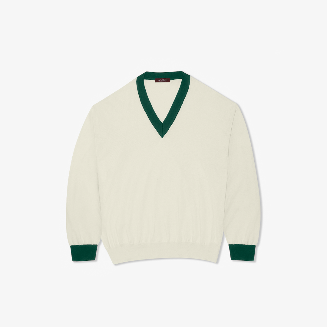 Men's Vintage V-Neck Sweater - Vintage White / Forest Green